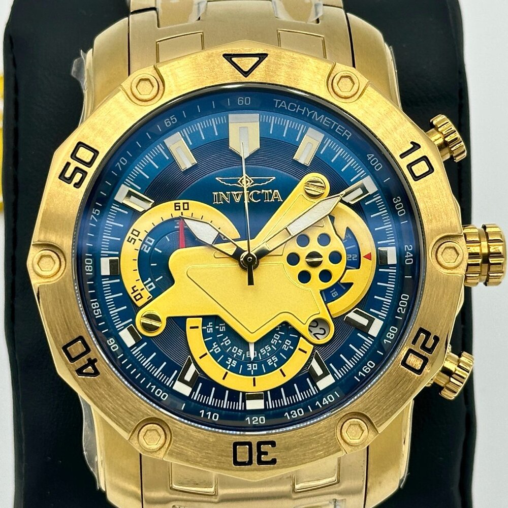 BRAND NEW Invicta Pro Diver SCUBA Chronograph Blue Dial Mens Watch Gold Tone SS